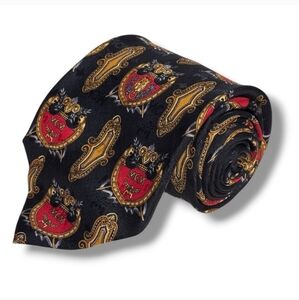 MCM Red & Black Silk Tie Gold Shield & Logo VINTAGE